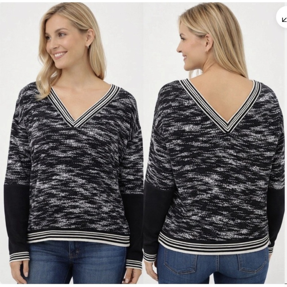 Grey State Chelsea Top Noir Space Dye V-Neck Cotton Sweater Womens Size XL